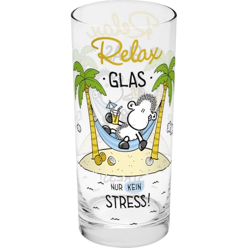 Sheepworld Trinkglas mit Spruch Relax | Glas mit lustigem Motivdruck, 50 cl, Höhe 16 cm | Geschenk zum Geburtstag | 74130