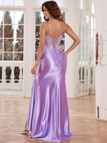 Lace Applique Satin Prom Dress Mermaid with Slit Sexy Spaghetti Strap Evening Dress V Neck Formal Party Gown3