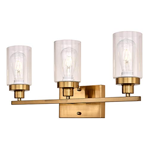 LIGOTFIRE Modern Wall Sconce Mount 3 Lights Vanity Lighting Fixture Brushed Brass for Bathroom Industrial Vintage Light with Clear Glass