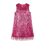 Miipat Vestido con Lentejuelas y Borlas para Niñas, Brillantes Vestido con Flecos Sin Mangas Vintage 20's Vestidos Flapper de Fiesta(Rosa Rojo,5-6 Años)