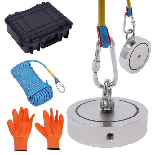 4000lb Deluxe Double Sided Fishing Magnet Kit, Magnetic Fishing Kit with Case, Rope, Gloves, Hook & Durable Rubber Protector, Heavy Duty Magnet Fishing Kit for River Lake Beach