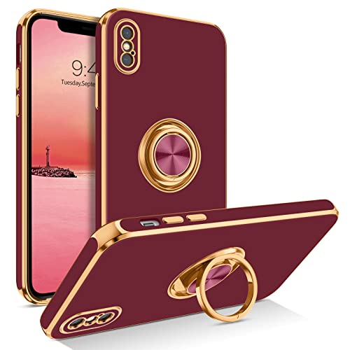 BENTOBEN for iPhone Xs Case, Phone Case iPhone X, Slim Fit Kickstand Ring Holder Design Shockproof Protection Soft TPU Bumper Drop Protective Girls Women Boys iPhone 10 5.8" Cover, Wine Red/Gold