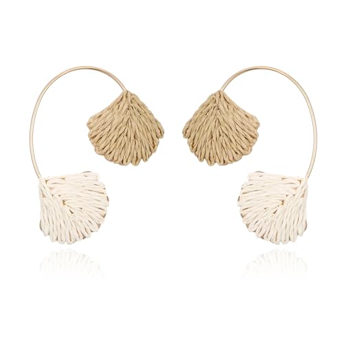 RUOFFETA Raffia Shell Earrings for Women, Colorful Dangle Tropical Boho Beach Earrings, Lightweight Straw Handmade Jewelry for Vacation(Beige) by RUOFFETA - Used condition - US$8.58