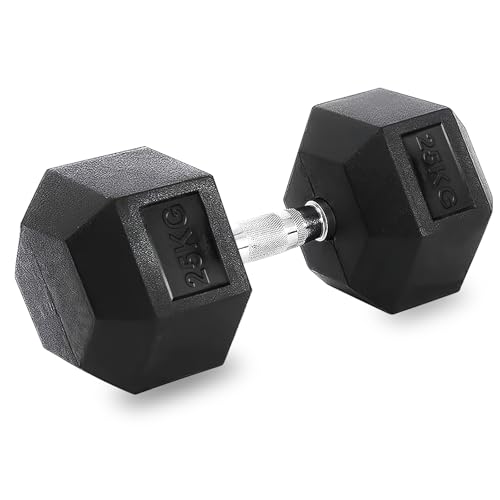Hexagonal Dumbbells 5-25 kg Professional Set for Home Gym, Cast Iron with Odorless Rubber Coating with Ergonomic Non-Slip Handle, Versatile (25, Single)