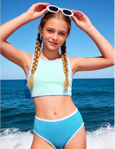 Image of Girls Bathing Suit Toddler Swimsuits 2 Piece Bikini Sets Round Neck Colorful Lace Teen Girls Swimwear 3-14T