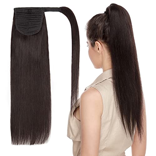 Thick Wrap Around 100% Remy Human Hair Ponytail Extension Long Straight Hairpiece with Comb Clip in One Piece Magic Paste Pony Tail For Women 16''/16 inch 80g #1B Natural Black