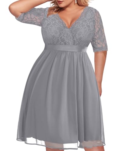 Image of Pinup Fashion Plus Size Lace Chiffon Wrap V Neck Dresses Women Cocktail Wedding Guest Midi Dress