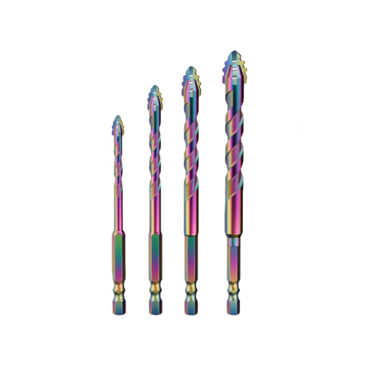 Premium Titanium Coated 4-Piece Drill Bit Set - 4-Cutter Serrated for Dry & Wet Drpping on Tile, Concrete, Metal (6/8/10/12mm)
