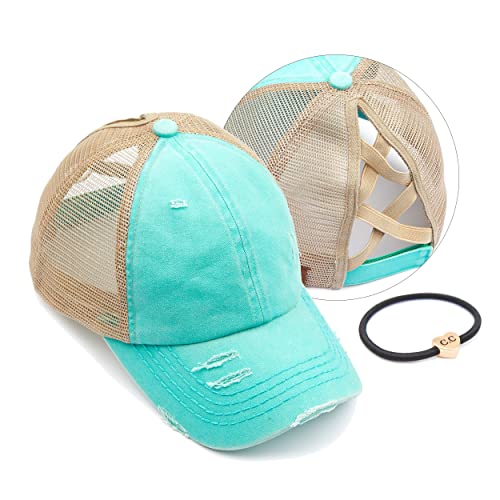Image of C.C Exclusives Hatsandscarf Washed Distressed Cotton Denim Ponytail Hat Adjustable Baseball Cap (BT-13)