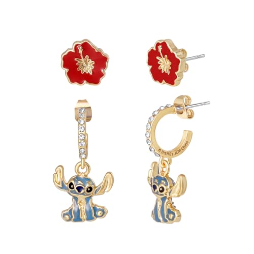 Disney Ohrring-Set Stitch und Hibiskusblüte aus Messing und farbiger Emaille für Damen und Mädchen Fertig zum Verschenken Offizieller Disney Schmuck