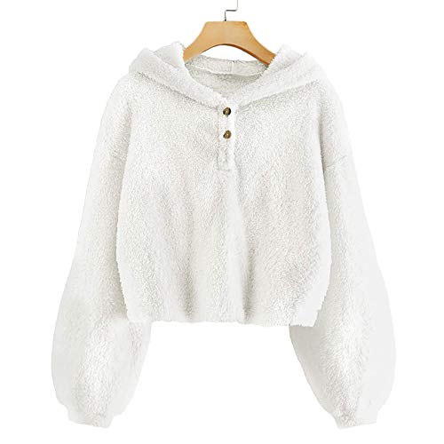 Camisa de manga comprida para crianças e meninas com capuz de lã quente e solta com botões, Branco,