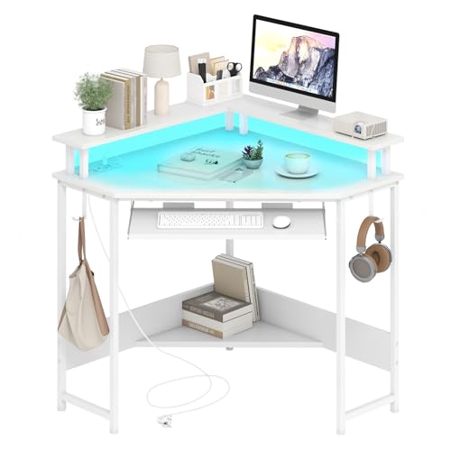 COSTWAY Eckschreibtisch mit Ladestation, dreieckiger Winkelschreibtisch mit LED, Tastaturablage & Monitorständer, Gaming Schreibtisch platzsparend, Ecktisch für Zuhause, Büro (Weiß)