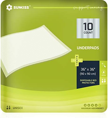 SUNKISS TrustPlus 36" x 36" Disposable Incontinence Underpads, Absorbent Bed Pads for Adult and Elder, Furniture Protectors, Overnight Leak Protection, Odor Control, Pet Training Pads, 10 Count