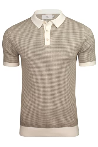Image of Xact Men's Knitted Polo Shirt – 100% Cotton, Short Sleeve Smart Casual Jacquard Knit Top, Textured Knitwear with Zip Neck - Sea Salt - L