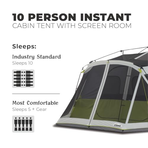 Core 40036 10 Person Instant Cabin Tent | 2 Room Huge Tent With Screen Room For Family With Storage Pockets For Camping Accessories | Portable Large Pop Up Tent thumb #3