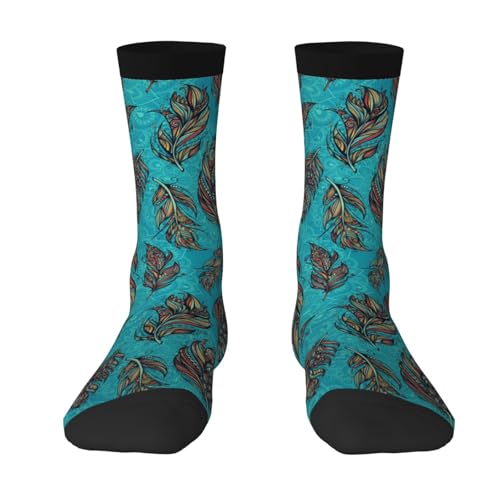 JIUFOTK Crew Socks For Men & Women - Peacock Tribal Feathers And Mandala Blue Athletic Running Socks For Adults Unisex, Breathable Casual Dress Socks