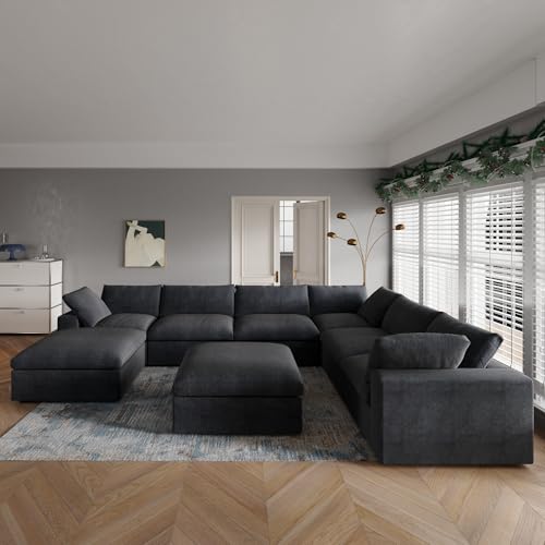 Image of JACH 160 inch Cloud Sectional Sofa, Modern Overzised Down Filled Comfy Couch, 8 Seater Convertible Modular Cloud Couch for Living Room, Deep Seat Couches, Sofa Covers Removable, Ottomans with Storage