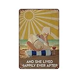 Metal Vintage Tin Sign and She Lived Ocean Happily Ever After Sunshine Books and Wine Poster,Beach Poster, Summer beach Funny Retro Wall Art Sign Let You See the Beach & Sunshine Every Day 5.5x8 inhces