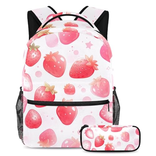 Sac à dos rose motif fruits et trousse assortie pour l'école des ados