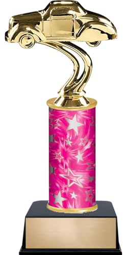 10.25" Gas Coupe Cars Trophies - Custom Engraved Auto Pink and Silver Star Column Trophy Awards