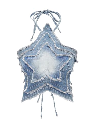 SOLY HUX Women's Star Halter Tops Tie Backless Y2k Distressed Denim Cami Crop Tops