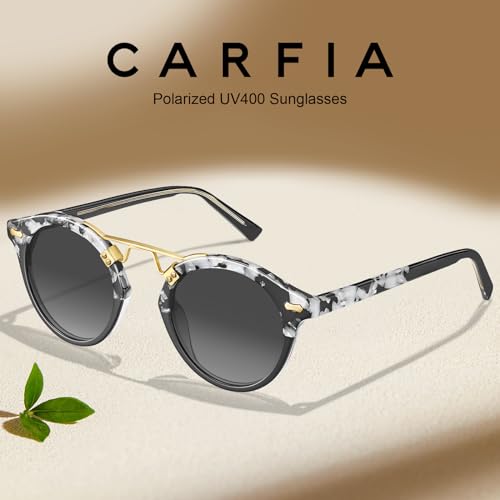 Image of CARFIA Small Face Acetate Polarized Sunglasses for Women UV Protection, Retro Double Bridge Eyewears Metal Brow Round Sunnies