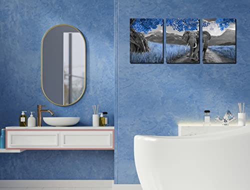 Thrlveart Elephant Wall-Art - Bathroom Artwork For Wall - Royal Blue Wall Decor For Living Room - 3 Piece Canvas Wall Art Ready To Hang Size 16" X 12" #TOP5