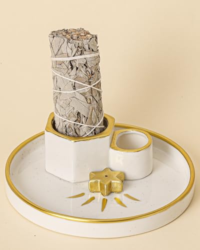 Incense Holder Burner, Ceramic Incense Holder for Palo Santo Sage Cedar Bundles Incense Sticks and Candle, Smudge Dish for Meditation Yoga, Modern Home Decor (Gold-Star)
