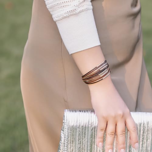 FANCY SHINY Boho Leather Bangle Bracelets Stackable Noodle Tube Bracelets Layered Wrap Cuff Bracelets with Magnetic Clasp2