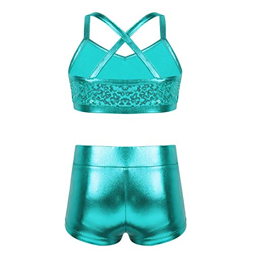 Kids Girls Dance Outfit Strappy Crop Top Sequin Dance Tank and Shiny Metallic Shorts Set Hip Hop Streetwear2