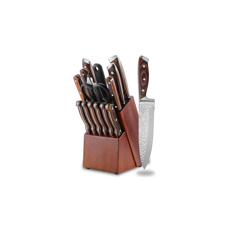 Knife Sets for Kitchen with Block, 15 Piece Kitchen Knife Set, Ultra Sharp Chef Knife Set for Kitchen, High Carbon Stainless Steel Knife Block Set with Sharpener, Textured wood handle, Red