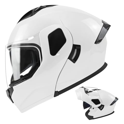 TTMiku - TTMiku Adult Motorcycle Helmet Modular, Full Face Flip Up Dual Visor Street Dirt Bike ATV Snowmobile Moped Motorbike Casco, DOT Approved, Pearl White, XL