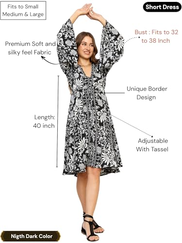 KE KANHA EXPORTS Dress for Woman|Boho Dresses for Women|Beach Wear|Border Print|Adjustable Tassel at Waist|Vacation Boho Casual|Multicolor|Easily fits S-M-L|Bust 32-38 in|Length 40 in