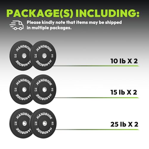 HANDBODE Bumper Plates 100 lb Set, 10/15 / 25 lb Olympic Weight Plates Set of 2, Rubber Bumper Weights Plate with 2 Inch Steel Insert for Barbell, Standard Strength Training Plates for Weightlifting - Thumbnail 2