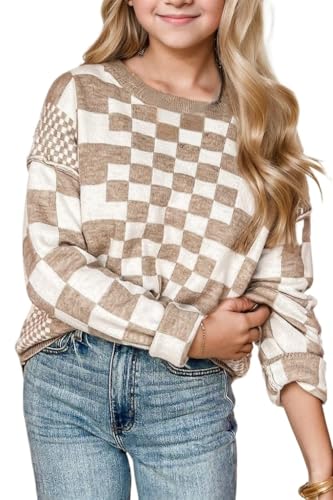 SELINK Girls Long Sleeve Sweaters Checkered Print Drop Shoulder Round Neck Sweater Casual Daily Winter Pullover Sweater