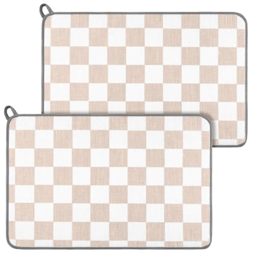 Zonon Dish Drying Mat for Kitchen Counter 16 x 24 Microfiber Absorbent Dish Drainer Rack Pads Fast Dry Mat Vintage Kitchen Decorations(Beige,16" X 24",Checkered)