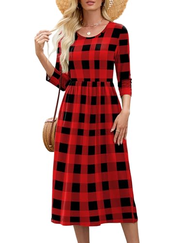 Image of Heymoments Women's Casual 3 /4 Sleeve Midi Dress Crewneck A Line Tiered Flowy Loose Travel Long Dresses with Pockets