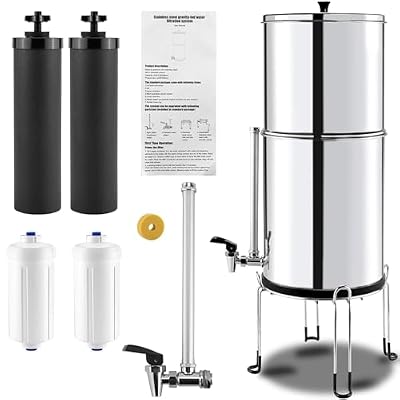 2.25 Gallon Stainless Steel Gravity-fed Water Filter System with Black Activated Carbon Filter and Fluoride Filters for Home, Camping, Travel, Outdoor Adventures and Emergencies - 2 Year Warranty