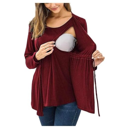 Chaconka T-Shirt Maternité Allaitement Manche Longue Femme Enceinte Haut Grossesse Double Couche Allaitement Maternel Chemise Col Rond Pyjama de Maternité Allaitement
