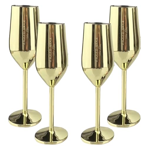 Jagged Ridge Wine Rooms Stainless Steel Champagne Flutes (Handwash Only) - Classy Steel Champagne Glass for Parties, Picnics & Special Occasions - Crafted for All Wine Enthusiasts - Set of 4 (Gold)