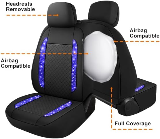 Miniatura 4 de Juego de 2 fundas de asiento de automóvil de cuero con patrón de diamantes brillantes, impermeables, con diamantes de imitación brillantes, ajuste