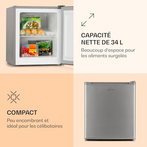 Klarstein Garfield Eco - 34 litre capacity, 4-star freezer, 117 kWh/year, 2 levels, 41 dB, removable grid, freestanding, space-saving, approx. 44 x 52 x 47 cm (WxHxD), silver