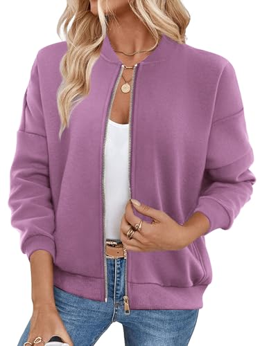 GEMLON Sweatshirt für Damen, durchgehender Reißverschluss, lässiger Mantel, langärmelig, lockere Passform, Fleecejacke mit Taschen, Violett, X-Small