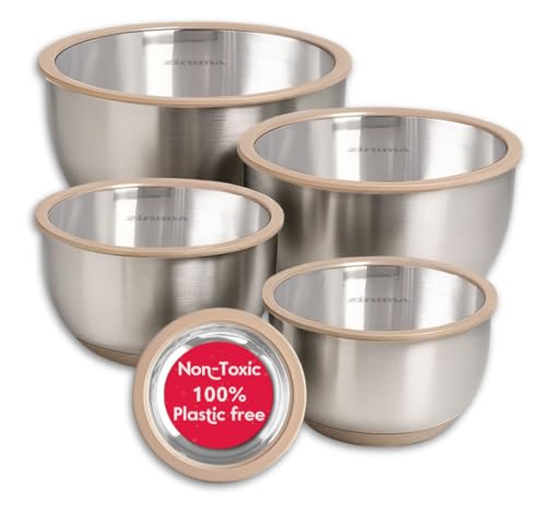 Ziruma Non-Toxic Mixing Bowls with Lids Set, Stainless Steel & Glass, 5 Pcs Plastic Free Bowls with Silicone Non-Slip Base, Dishwasher Safe Mixing Bowl Set