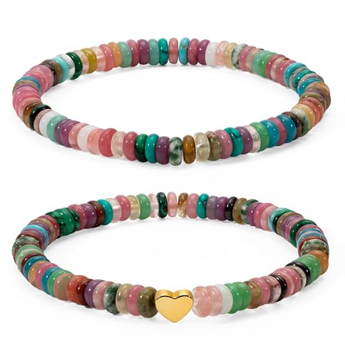 2 PCS Boho Beaded Stretch Bracelets for Women Natrue Stone Beads Gold-color Plated Heart Charm Surfer Bracelets Summer Beach Handmade Jewelry