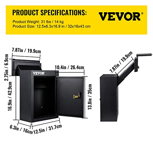 Vevor Through The Wall Drop Box, 12.5''X6.3''X16.9'' Mail Drop Box W/Adjustable Chute, Deposit Drop Box W/Code Lock, Rainproof Wall Mount Mailbox For Letters, Rents, Check & Keys, Home & Office, Black #TOP6