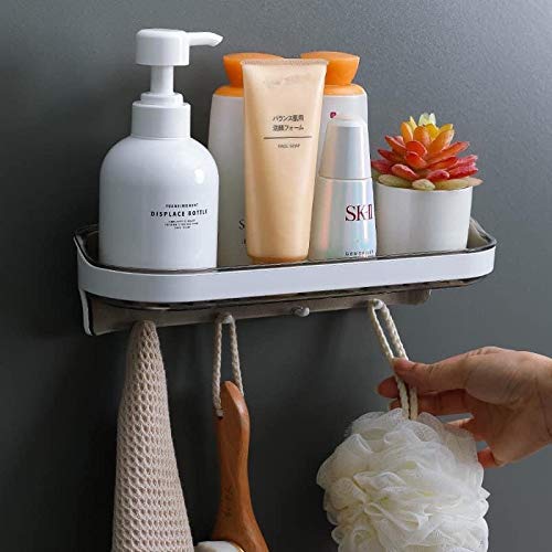 Mangukiya tac fab Adhesive Bathroom Shelves Organizer Shower Caddy, Bathroom Shelves with 4 Hooks, No-Drilling Adhesive Floating Shelves for Wall, Organizer for Bathroom, Kitchen, and Room