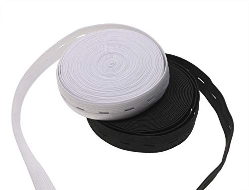 2 Colors Elastic Sewing Bands 11 Yards 3/4 Inch Flatback Black And White Sewing Bands Spool With Buttonhole, Knit Stretch Cord Belt With 10Pcs 18Mm Black Resin Button (3/4") #TOP3
