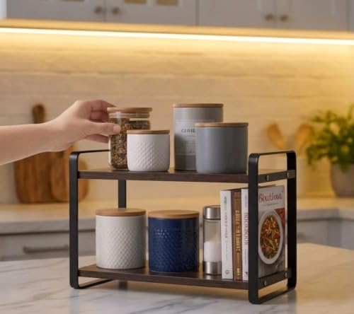 Image of FireBees Kitchen Organizer Rack | 2 Tier Metal Wooden Kitchen Shelf Organisers & Shelf Riser for Counter Top | Wooden Kitchen Storage Stand | Rack for Spice Bottles, Jars, Seasonings 33 x 16 x 25 cm