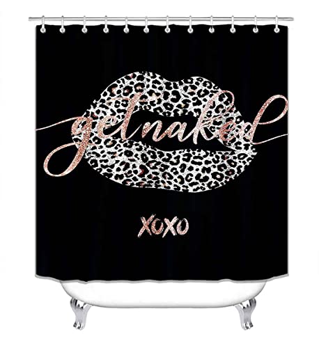 Camille&Andrew 4Pcs Leopard Print Sexy Lips Shower Curtain Set, Silver Pink Rose Gold Glitter Get Naked Cheetah Print Kiss Modern Fashion Girls Bathroom Decor, Black Shower Curtain, Non-Slip Bath Mat #TOP1